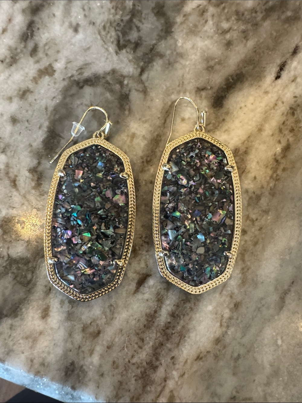 Gold Frame Iridescent Druzy Drop Earrings - Black/Purple